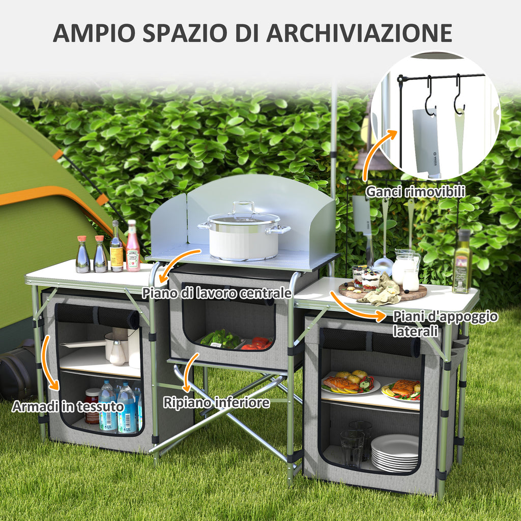 Folding Camping Kitchen with 5 Internal Shelves and 4 Hooks, 172x48x119 cm, Grey and Silver