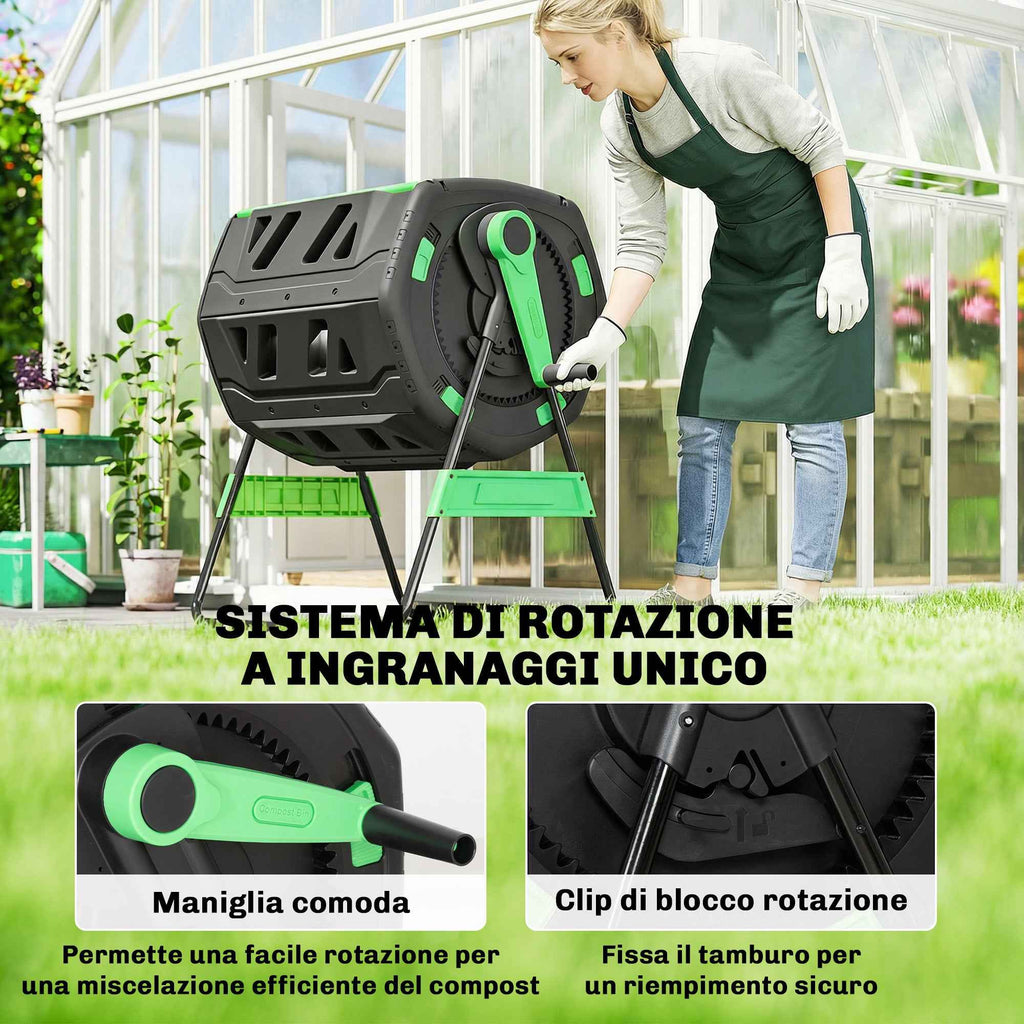 Outsunny 200L Double Chamber Home Composter with 8 Air Vents, PP and Metal, 94x67x98 cm, Green and Black
