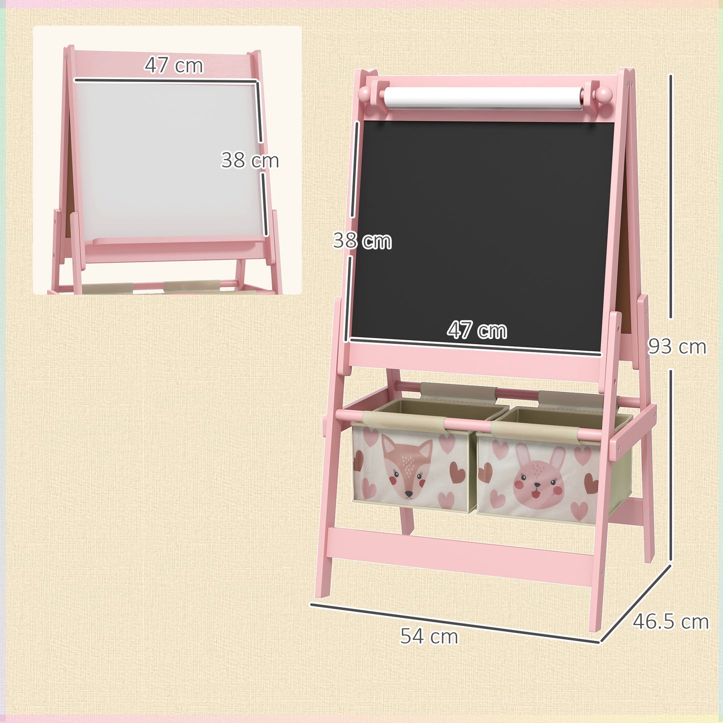 AIYAPLAY Children's Blackboard with Easel 3 in 1 and 2 Containers, Age 3-8 years, 54x46.5x93cm, Pink - Borgè