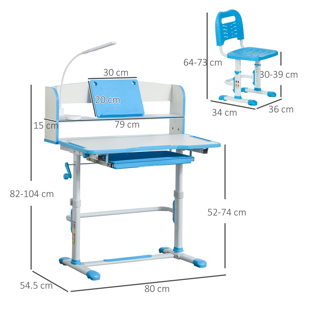 Children's Desk 6-12 Years Adjustable with LED Light, Lectern and Pen Holder, in MDF, PP and Steel, Blue
