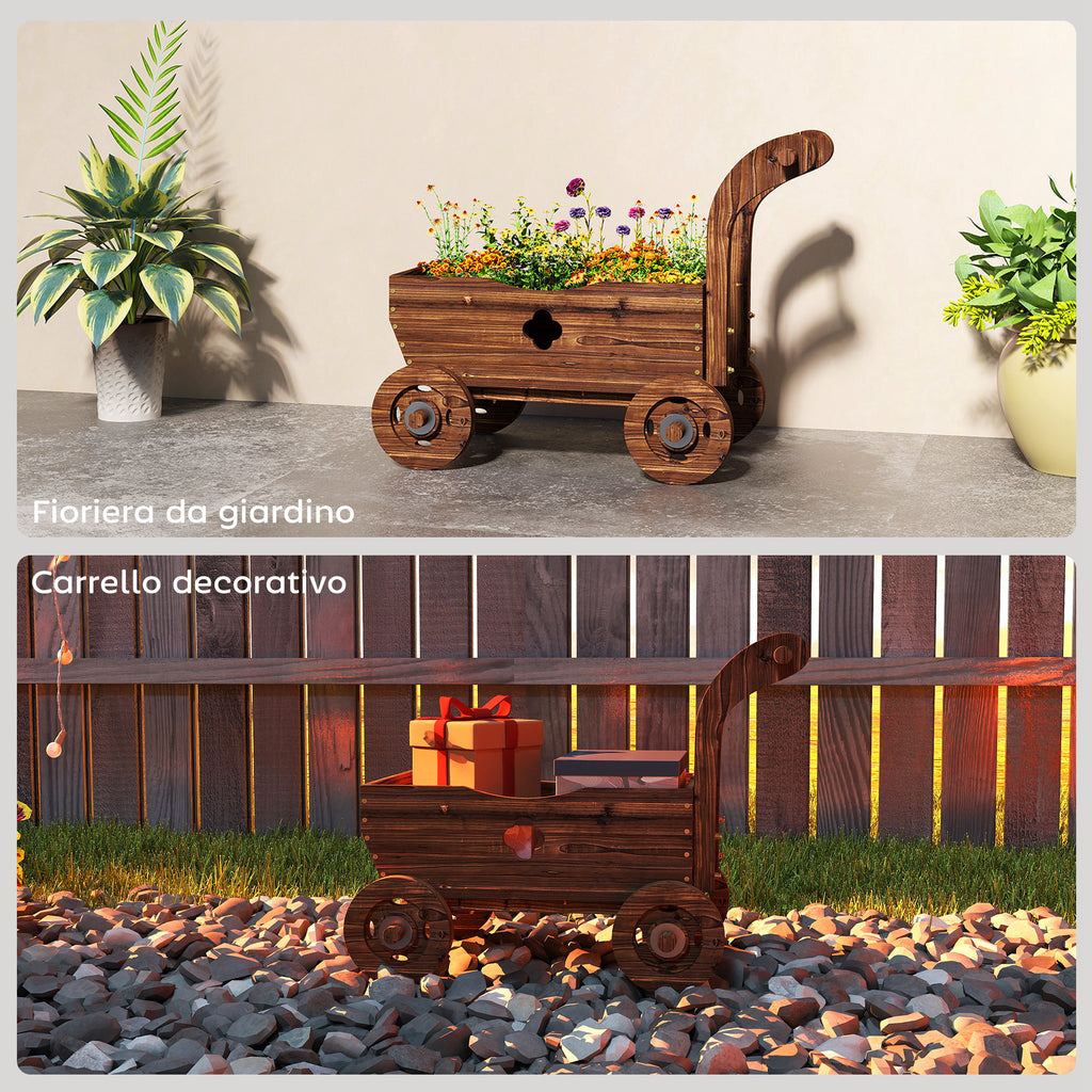 Outsunny Wooden Cart Planter with 4 Wheels, Handle and Drainage Holes, 68x38x52 cm, Wood