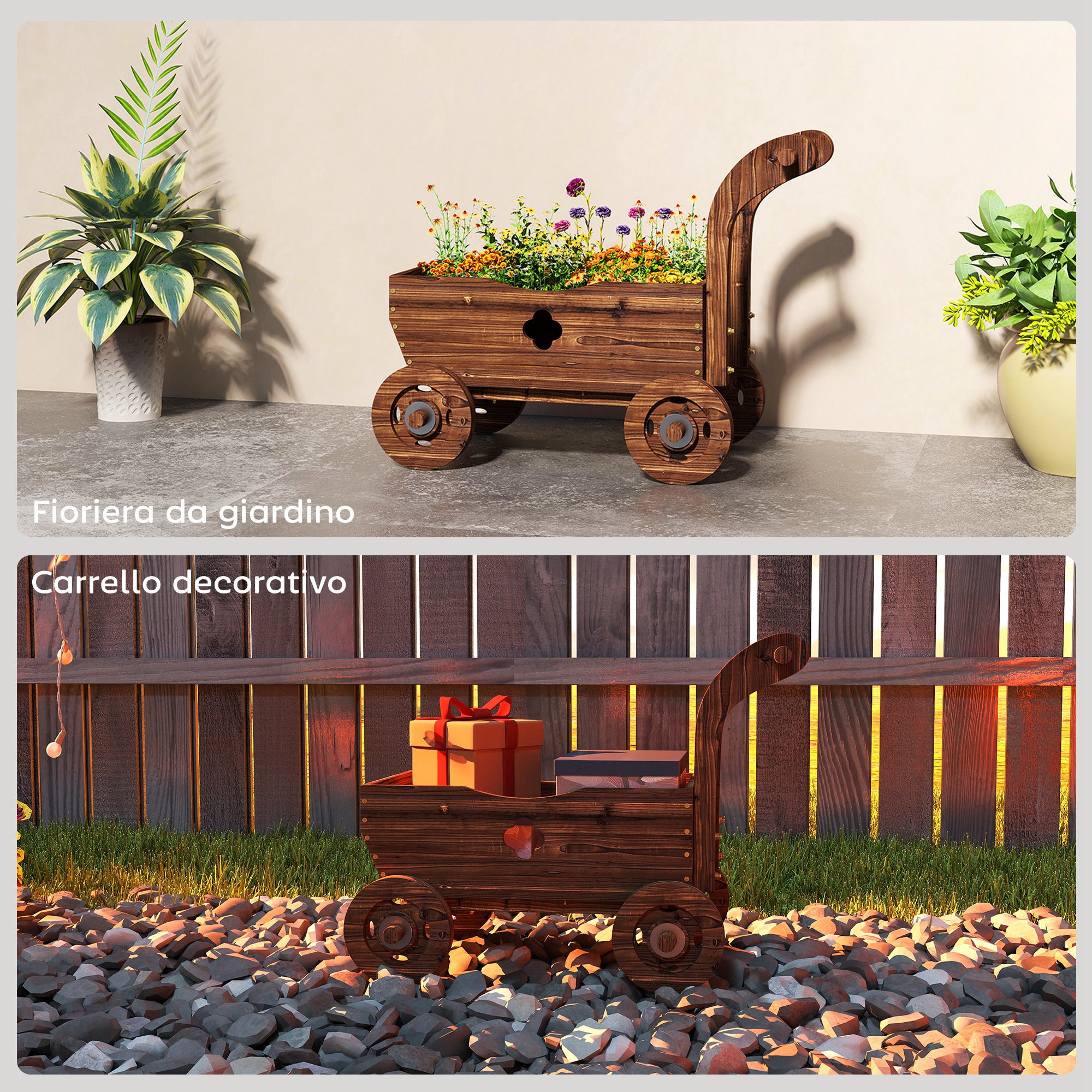 Outsunny Wooden Cart Planter with 4 Wheels, Handle and Drainage Holes, 68x38x52 cm, Wood