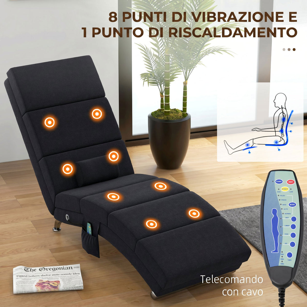 HOMCOM Massage Chair with 8 Vibration Points and Heating, 5 Modes, Timer and Remote Control, Black
