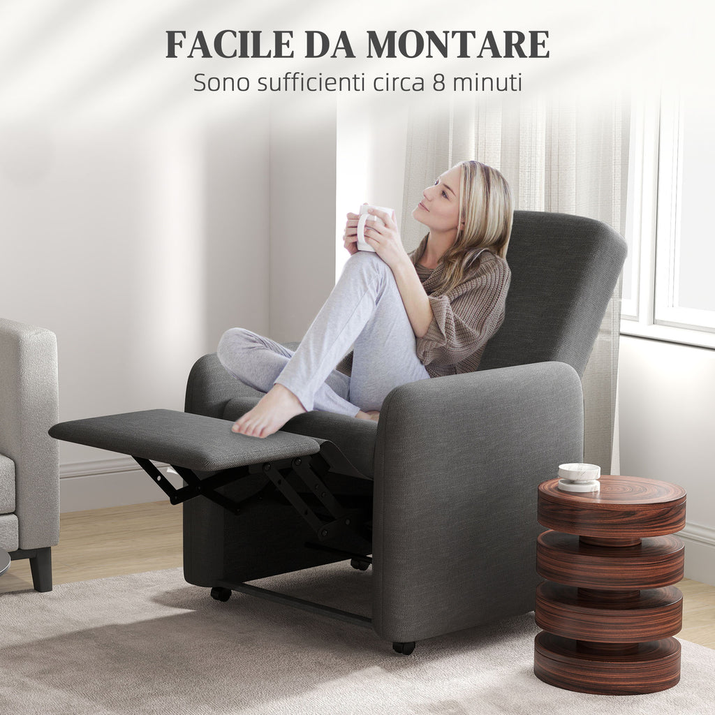 Reclining Armchair 115° max with Footrest and 4 Wheels, in Polyester and Wood, 76x78.5x102 cm, Gray