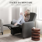 Reclining Armchair 115° max with Footrest and 4 Wheels, in Polyester and Wood, 76x78.5x102 cm, Gray