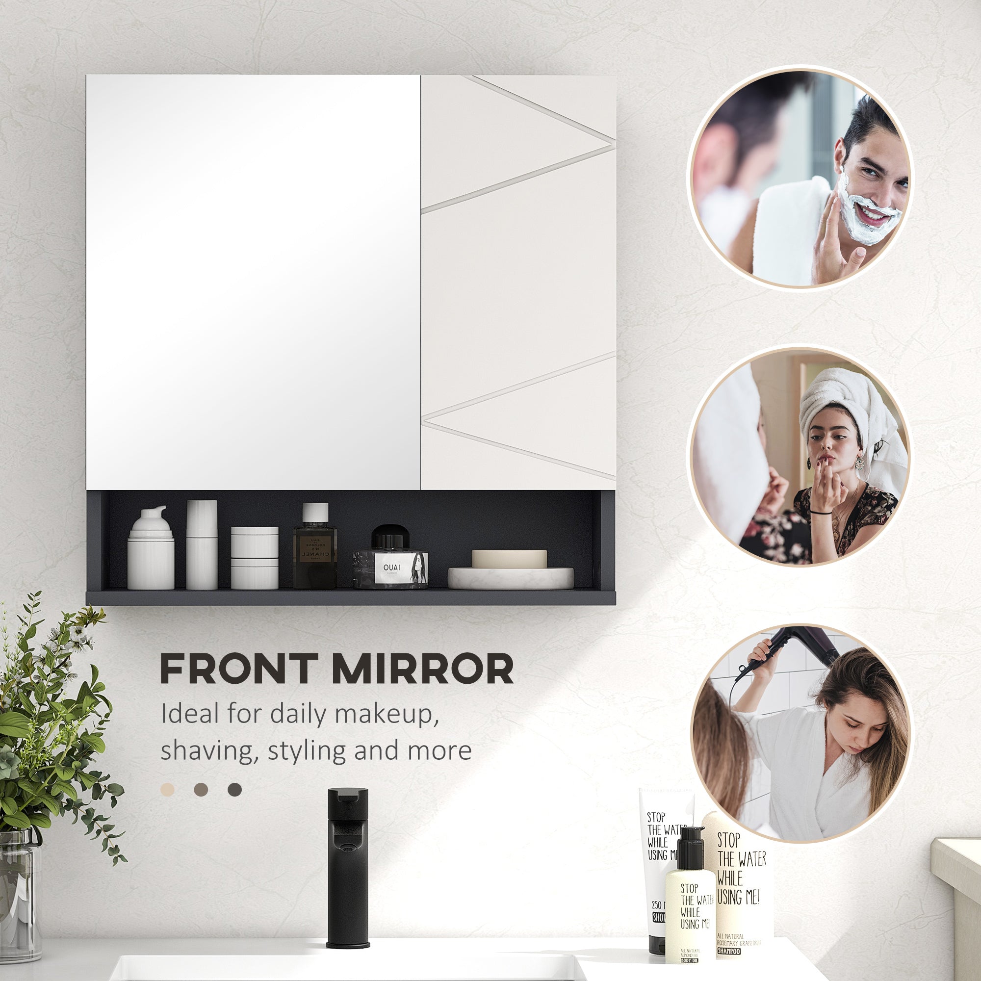 kleankin Cabinet with 2-Door Bathroom Mirror and Adjustable Wooden Shelves, 55x17x55cm, Gray - Borgè