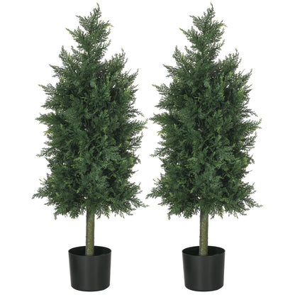 HOMCOM Set of 2 Fake Cedar Plants in PE with PP Plastic Pot, in Steel and Cement, 38x12.5x90 cm, Green - Borgè