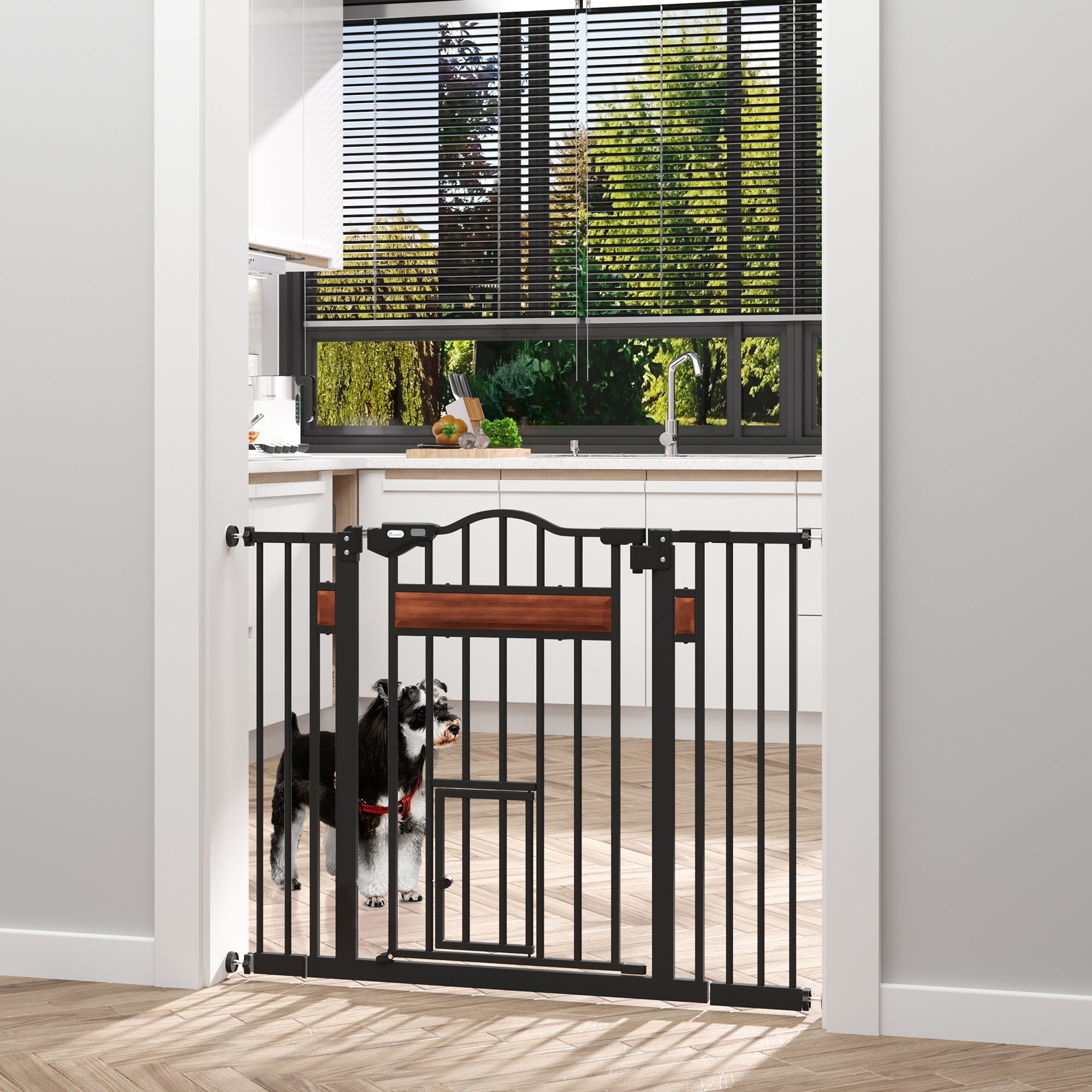 PawHut Automatic Dog Gate for Small and Medium Dogs, 74-105x76.2 cm, Black
