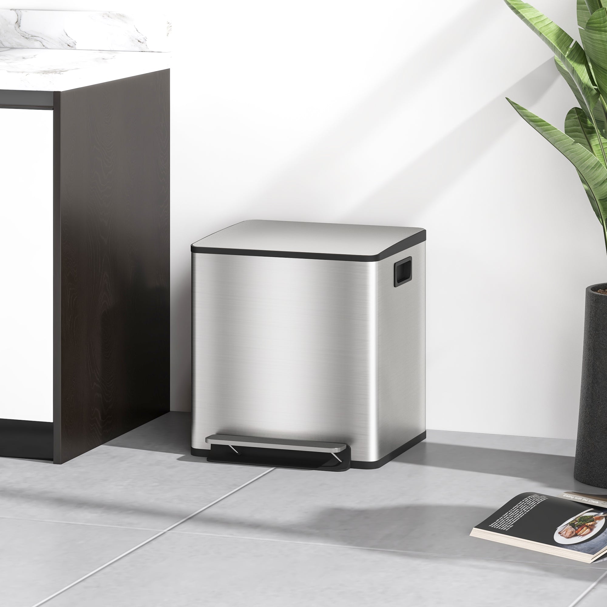 15L 2-Section Pedal Bin with Silent Lid, Stainless Steel and PP, 41.8 x 36.7 x 44 cm