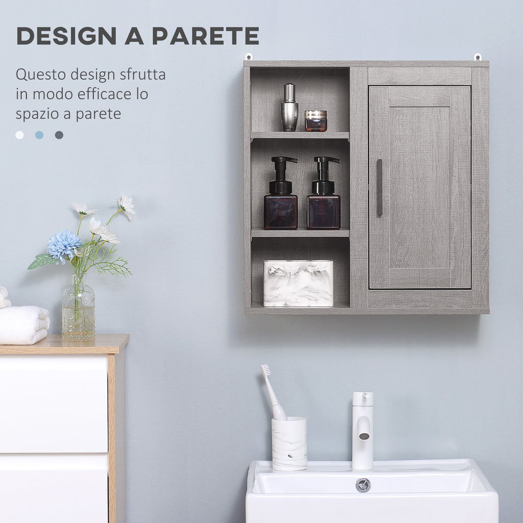 kleankin Bathroom Wall Unit with 3 Open Shelves and Chipboard Cabinet, 48x20x50cm, Gray - Borgè