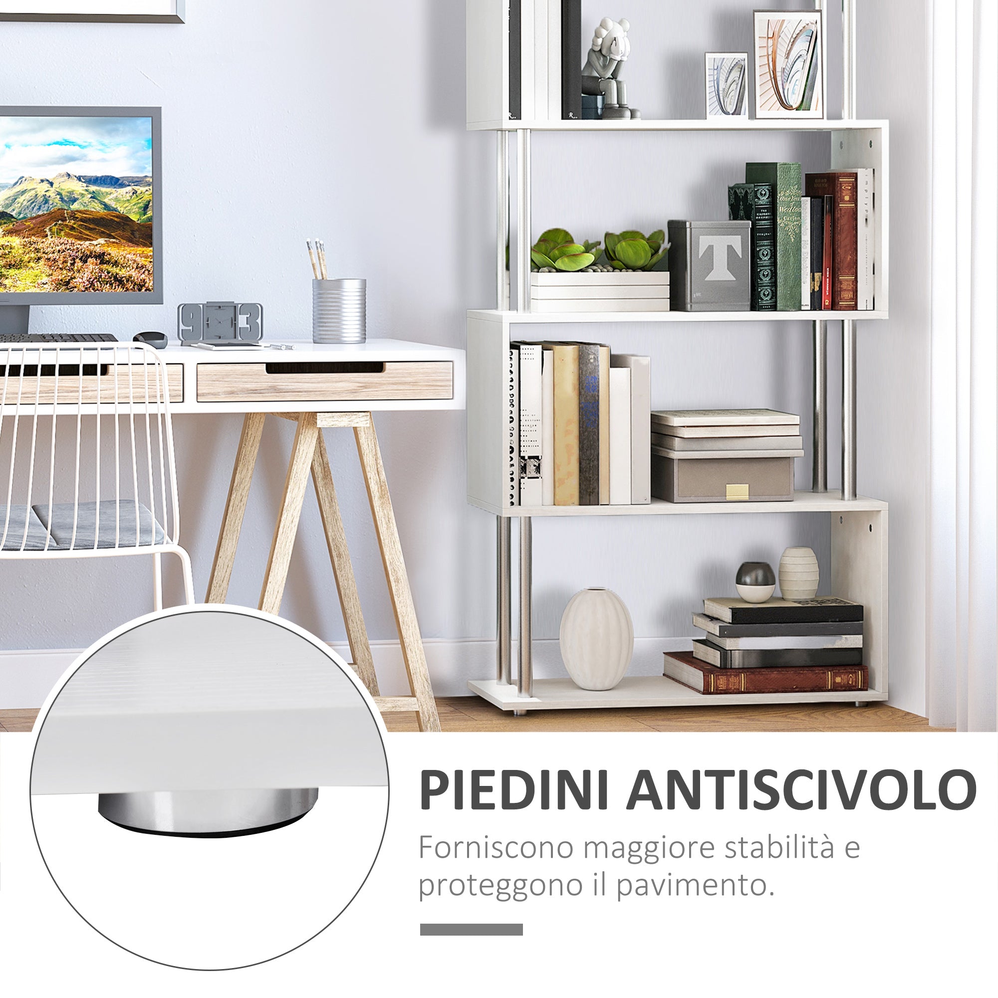 4-Tier Bookcase Modern Design in Wood and Metal, Bookshelf Shelf for Living Room, Study, Office, 80x30x145cm White