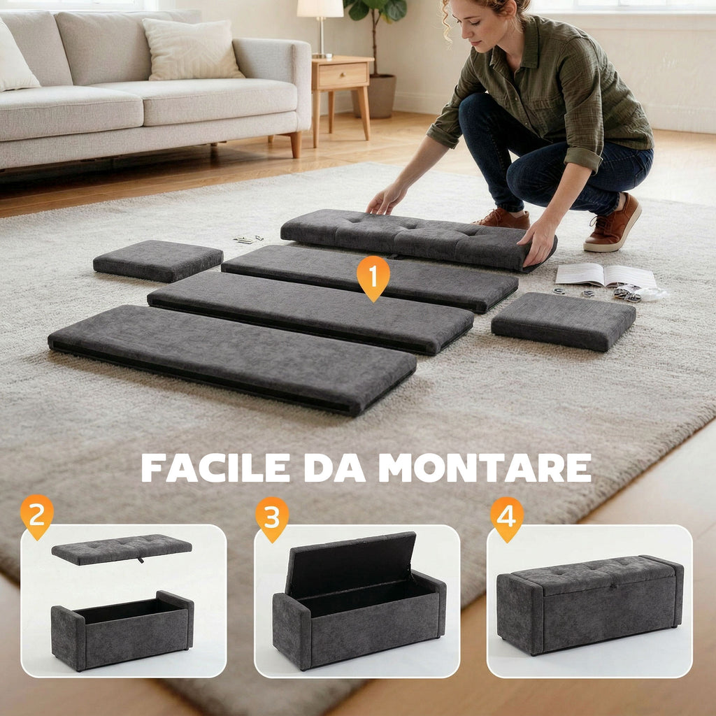 HOMCOM 142L Storage Ottoman, Wide Padded Seat, Linen, 200 kg Capacity, Dark Grey