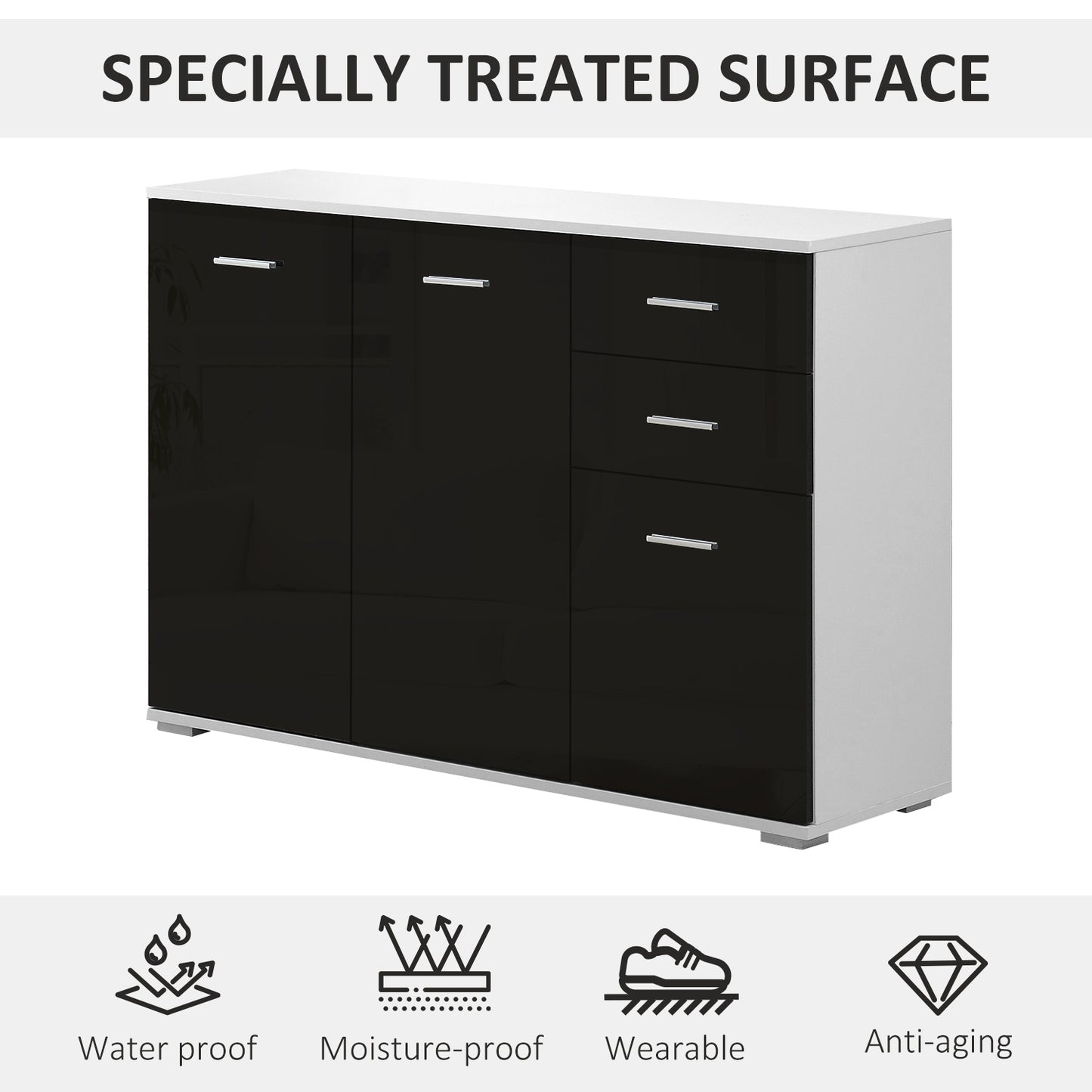 Chest of Drawers, Living Room and Bedroom Cabinet with 3 Doors and 2 Drawers, Glossy Black, Scratch-Resistant (106 x 35 x 76 cm)