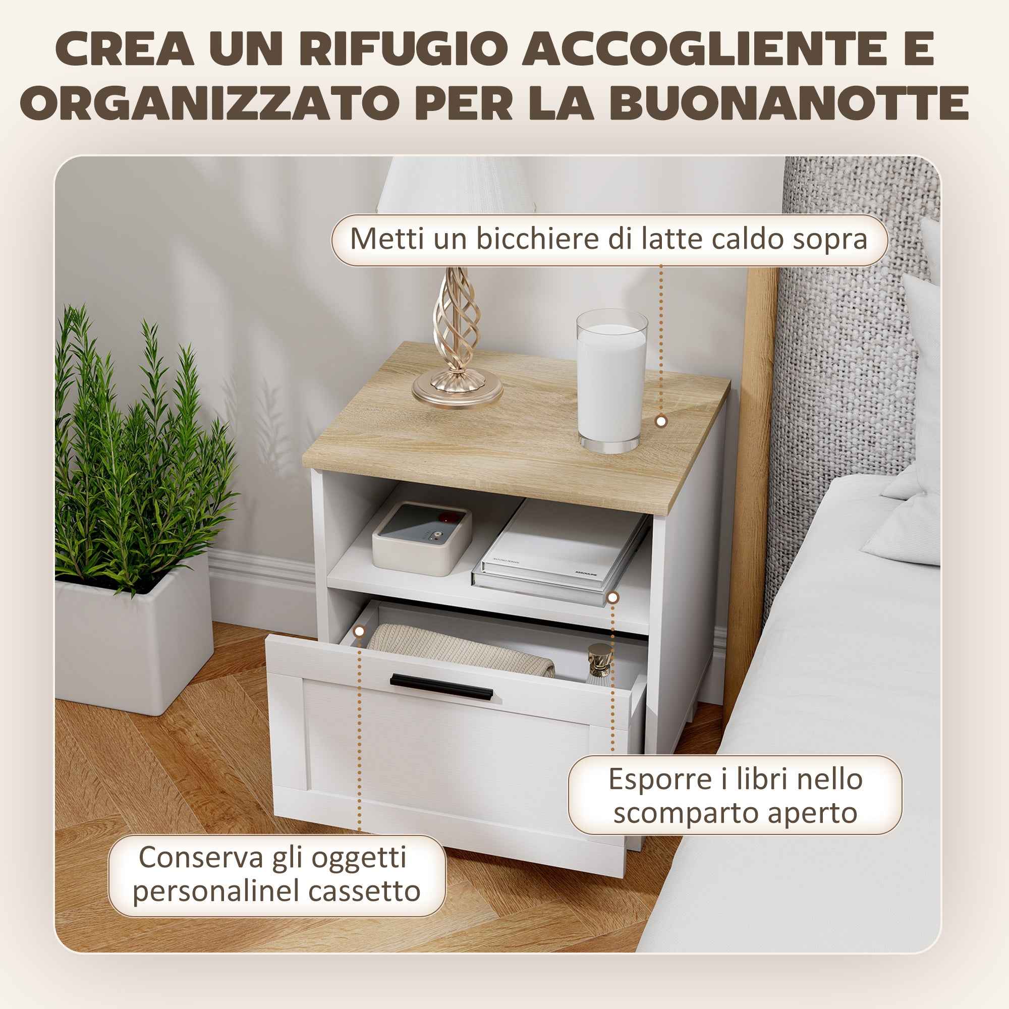 HOMCOM Modern Bedside Table with Drawer and Wooden Shelf, 45x38x50 cm, White and Wood Color