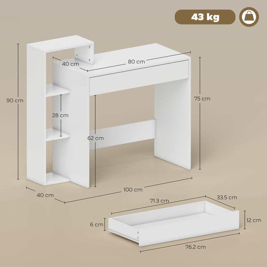 Modern PC Desk with 3 Open Shelves and Drawer, White Wood, 100x40x90 cm