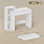 Modern PC Desk with 3 Open Shelves and Drawer, White Wood, 100x40x90 cm