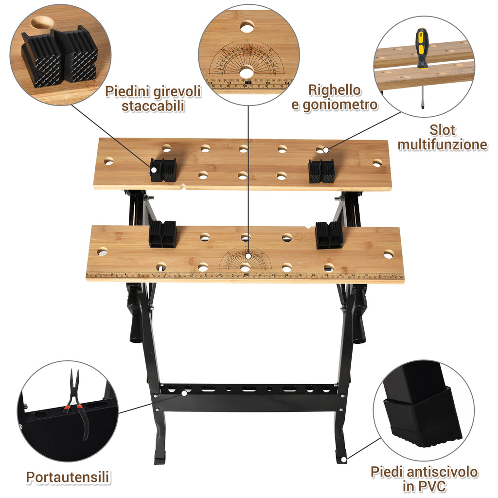 Folding Workbench with 4 Vices, Ruler and Protractor, 150 kg Capacity, Black and Wood