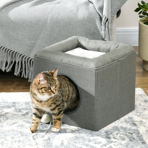 2-Tier Cat House with Plush Cushion, Made of Wood, Polyester and Plastic, 36.5 x 36.5 x 33 cm, Green