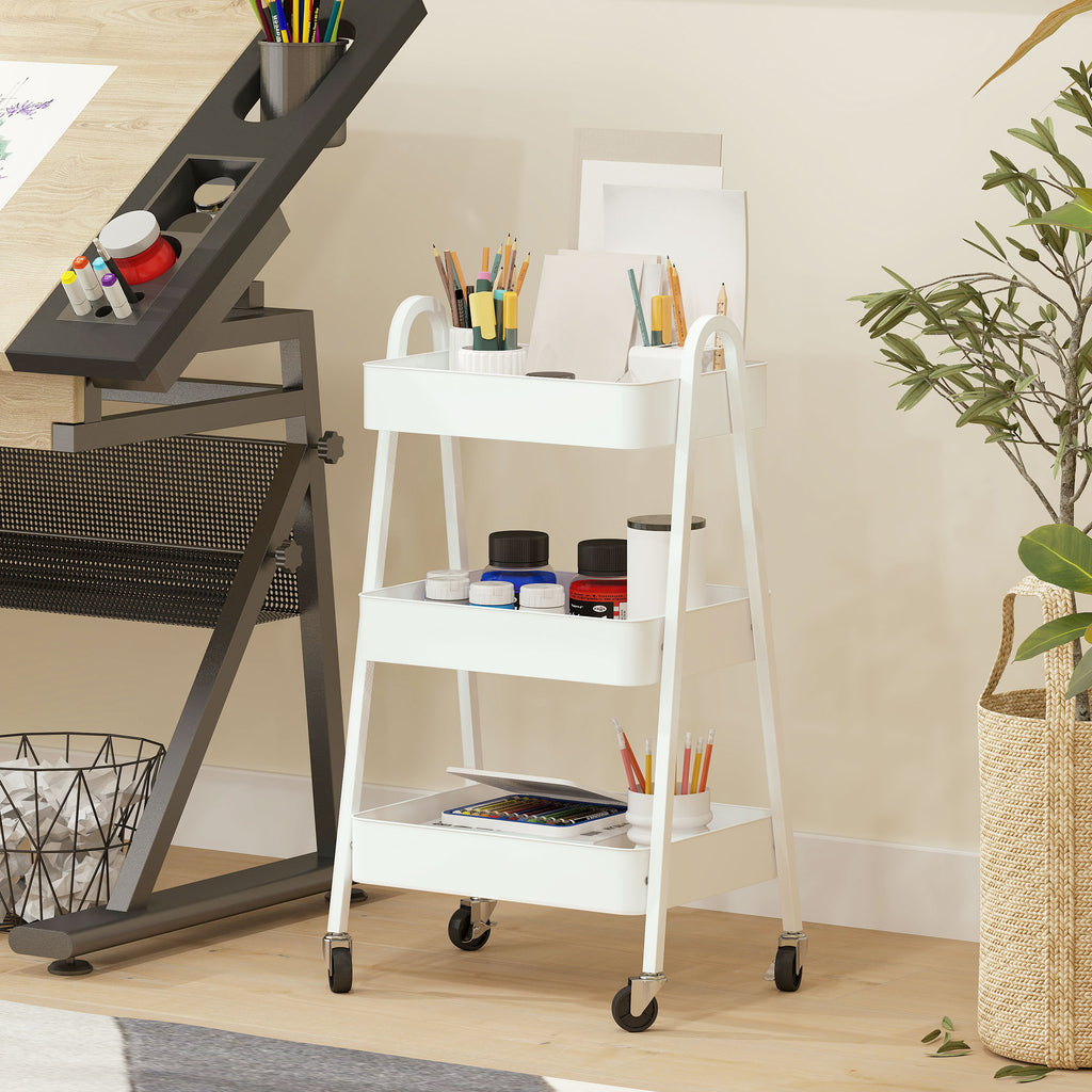 Multipurpose 3-Tier Kitchen Trolley, Swivel Wheels with Brake and Handles, White