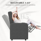 Reclining Armchair 115° max with Footrest and 4 Wheels, in Polyester and Wood, 76x78.5x102 cm, Gray
