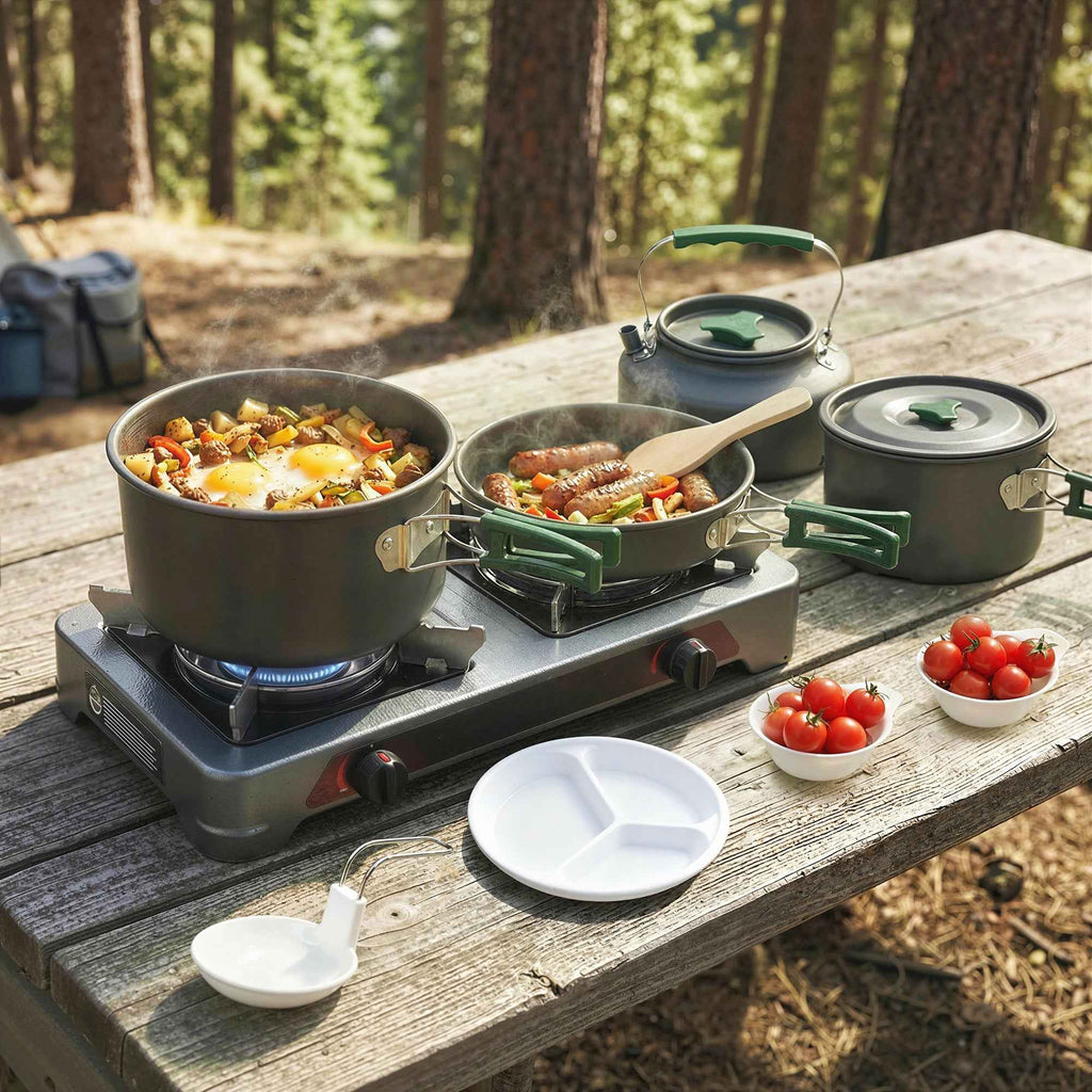 Outsunny Camping Cookware Set for 4-5 People, Aluminum Camping Kitchen, Gray