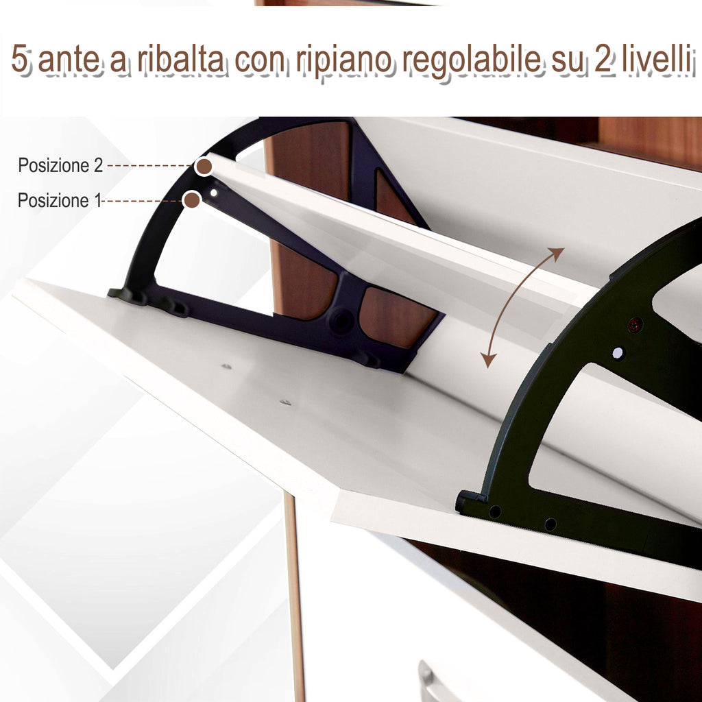 Slim 5-Tier Shoe Rack with 2 Shelves per Level, in MDF, 60x28x189 cm, White and Brown - Borgè