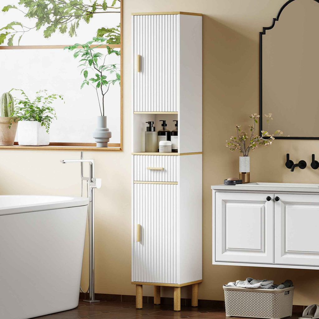 HOMCOM 172cm Bathroom Cabinet with Drawer and Adjustable Shelves, White