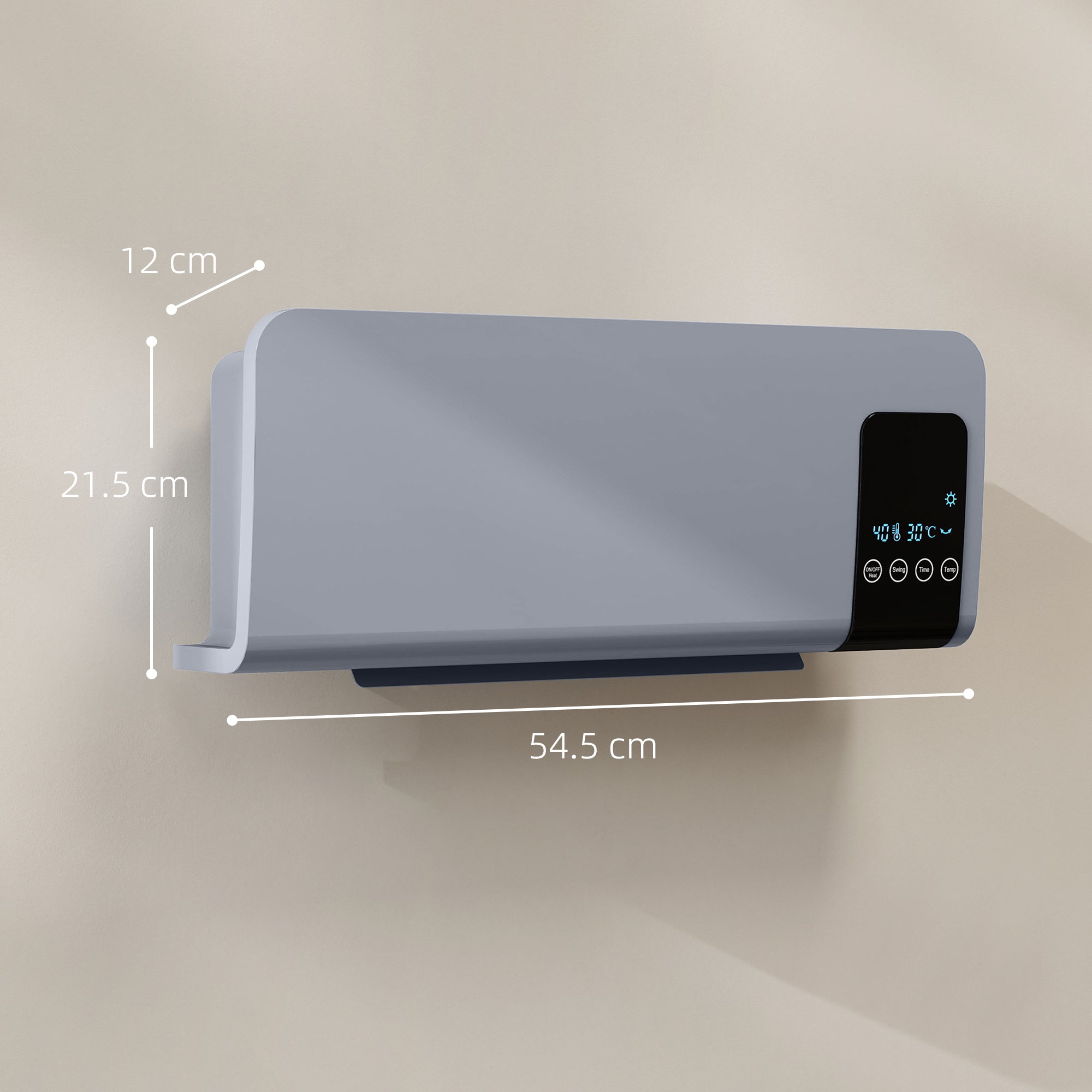 Oscillating Wall-Mounted Fan Heater with Remote Control, 12-Hour Timer and 2 Modes, 54.5 x 12 x 21.5 cm, Grey