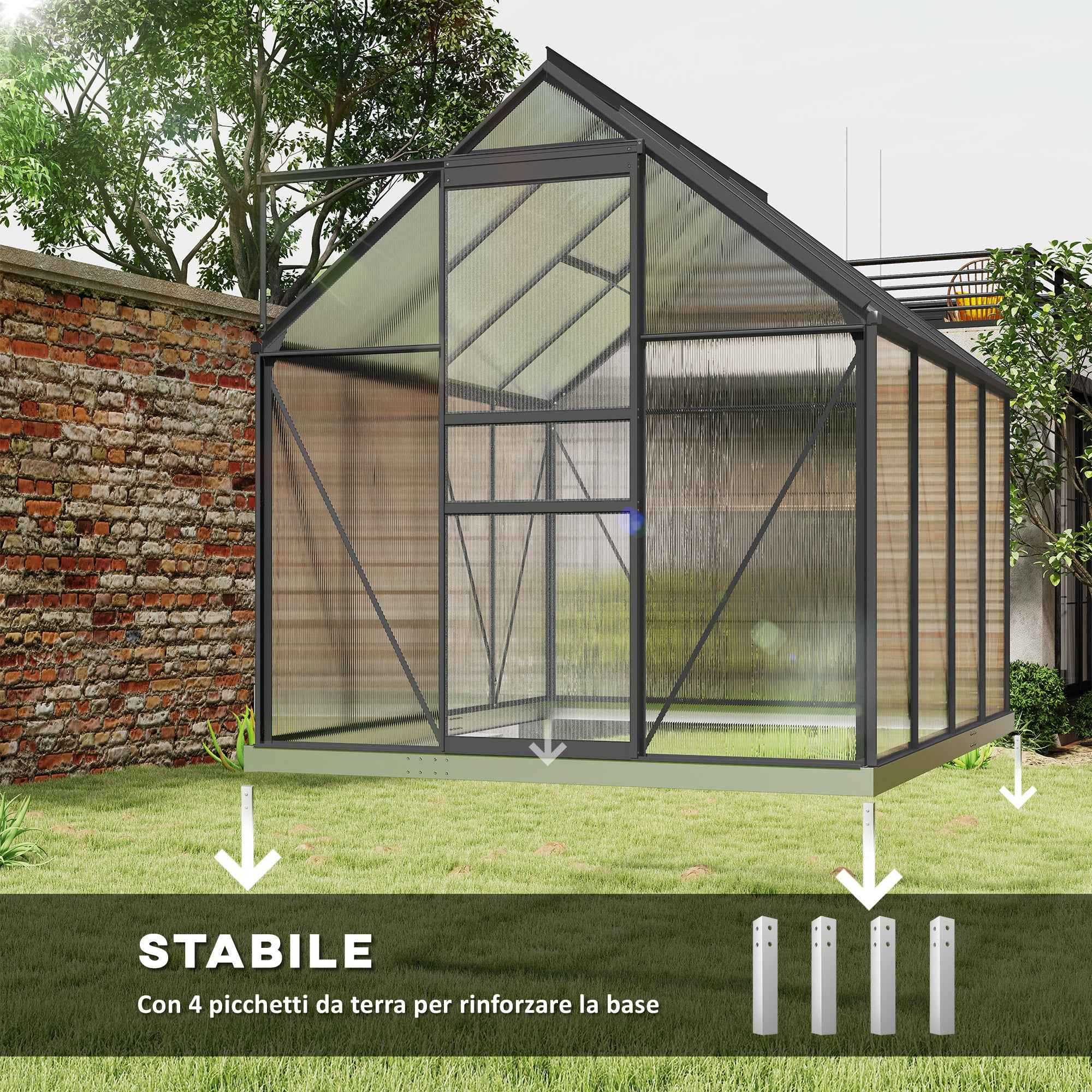 Outsunny Polycarbonate and Aluminum Greenhouse with Opening Window and Sliding Door, 190x253x199 cm, Dark Gray