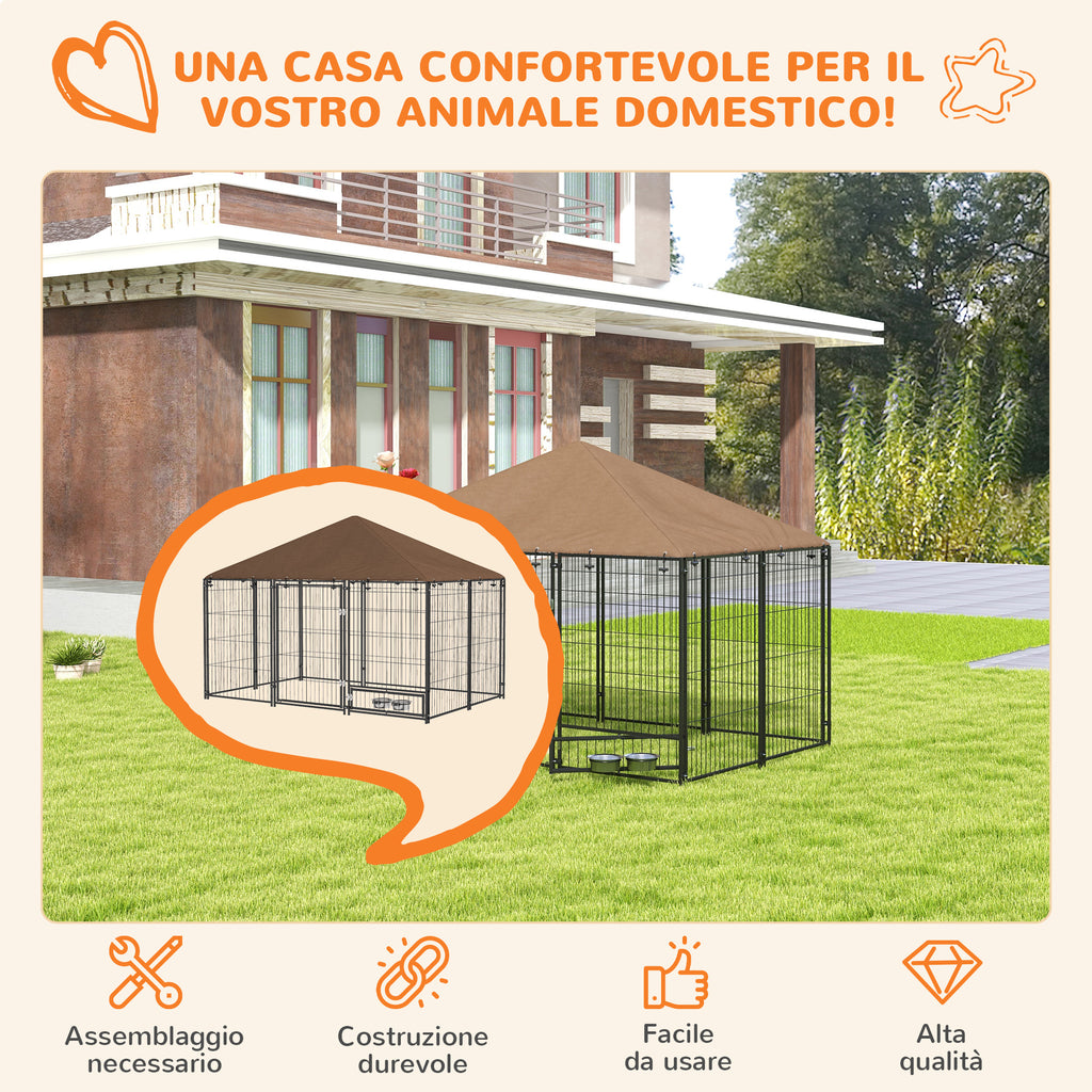 PawHut Metal and Oxford Fabric Dog Playpen with Bowl Door, 211x141x151 cm, Black and Brown