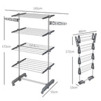 Vertical Drying Rack with 4 Adjustable Shelves, in Steel and Plastic, 142x55x172 cm, Grey and Silver