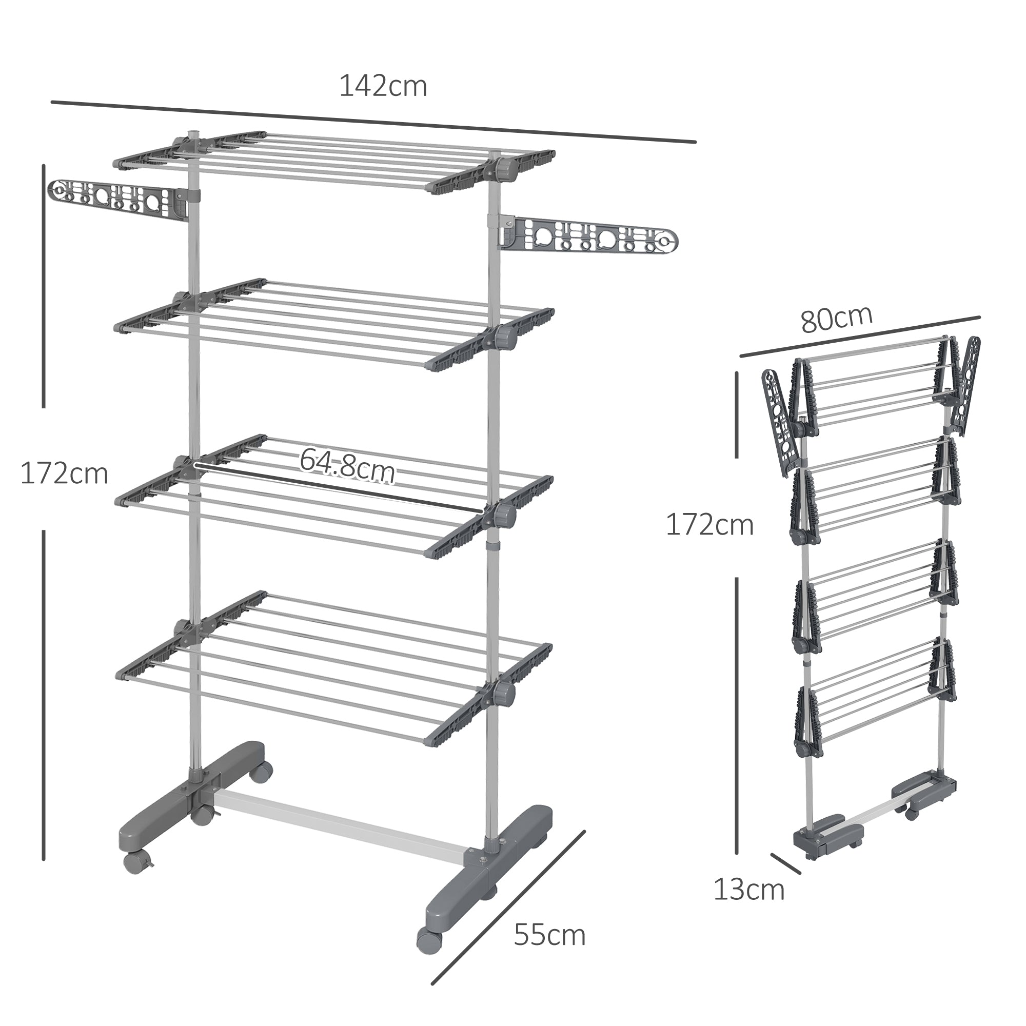 Vertical Drying Rack with 4 Adjustable Shelves, in Steel and Plastic, 142x55x172 cm, Grey and Silver