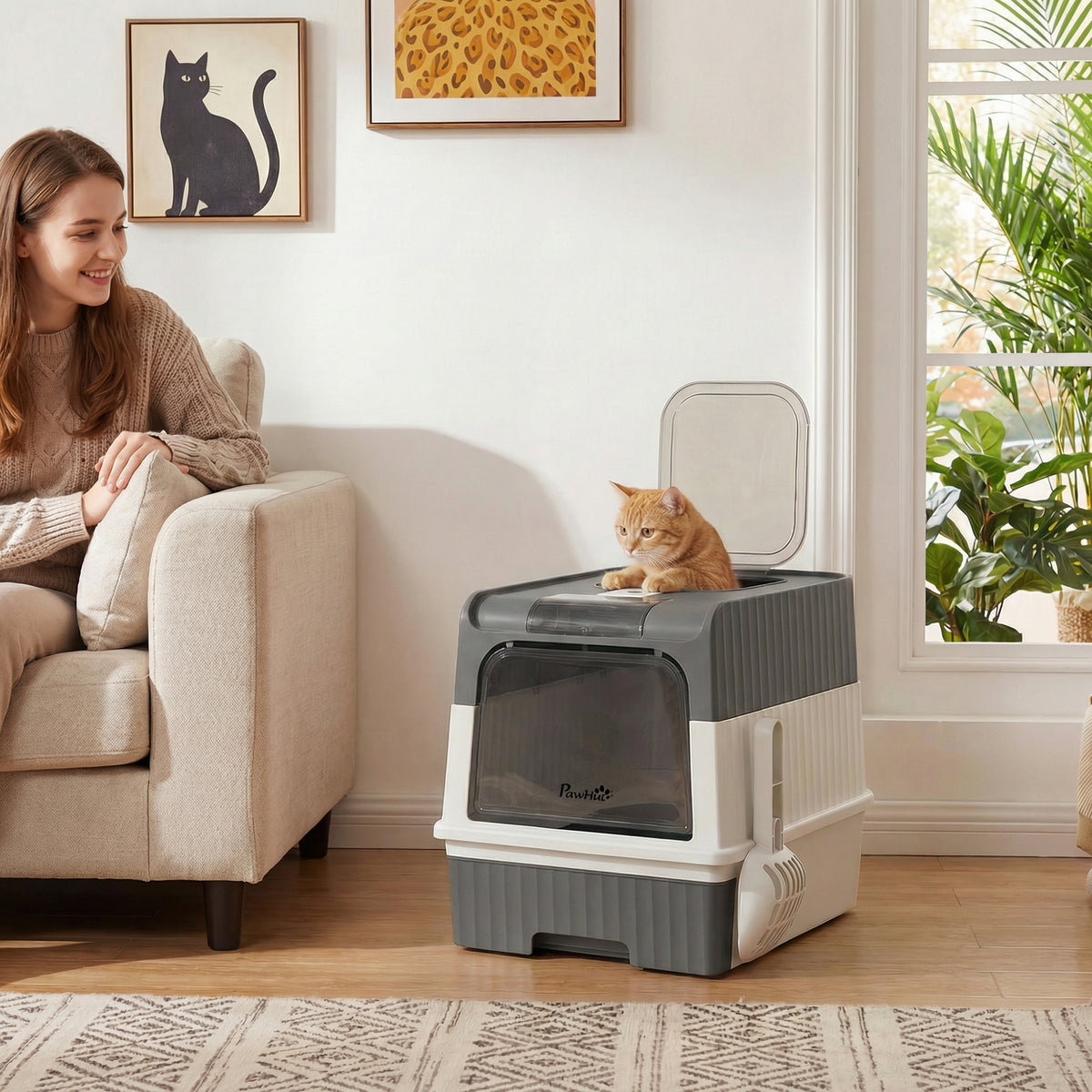 PawHut Cat Litter Box M with Lid, Removable Tray, Scoop, 4 Deodorant Packets, Grey