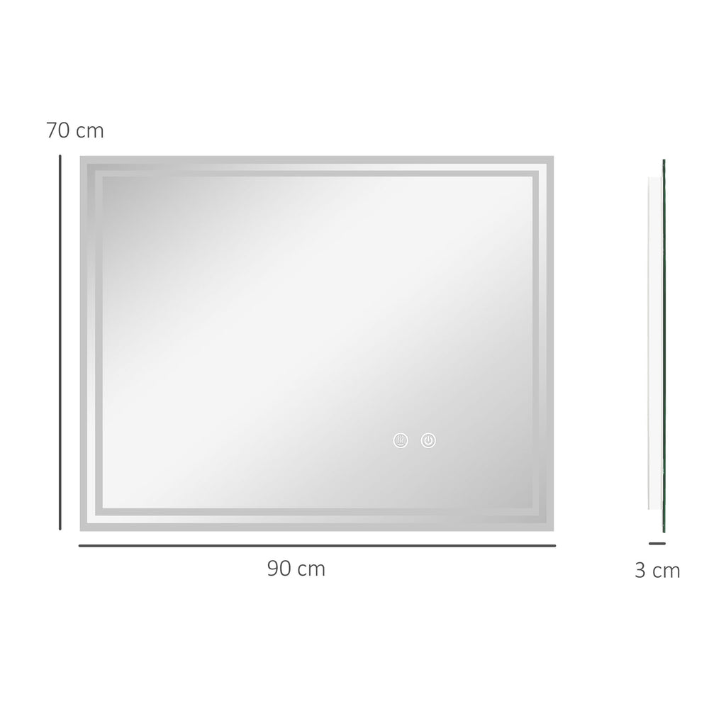 Kleankin Bathroom mirror with LED light 3 levels rectangular, anti -explaiming and touch switch, 90x70cm - Borgè