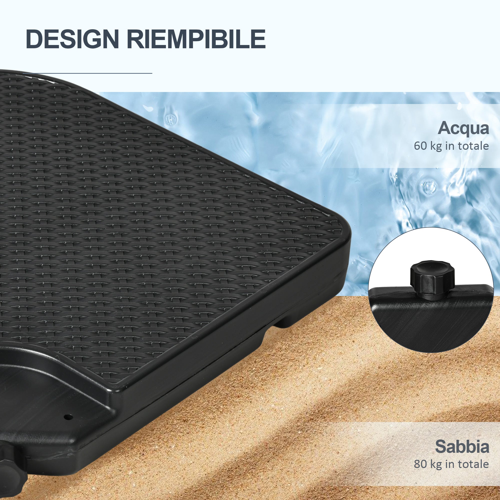 Parasol Base set of 4 Stackable Pieces with Integrated Handles, in HDPE, 99.7x99.7x8.3 cm, Black