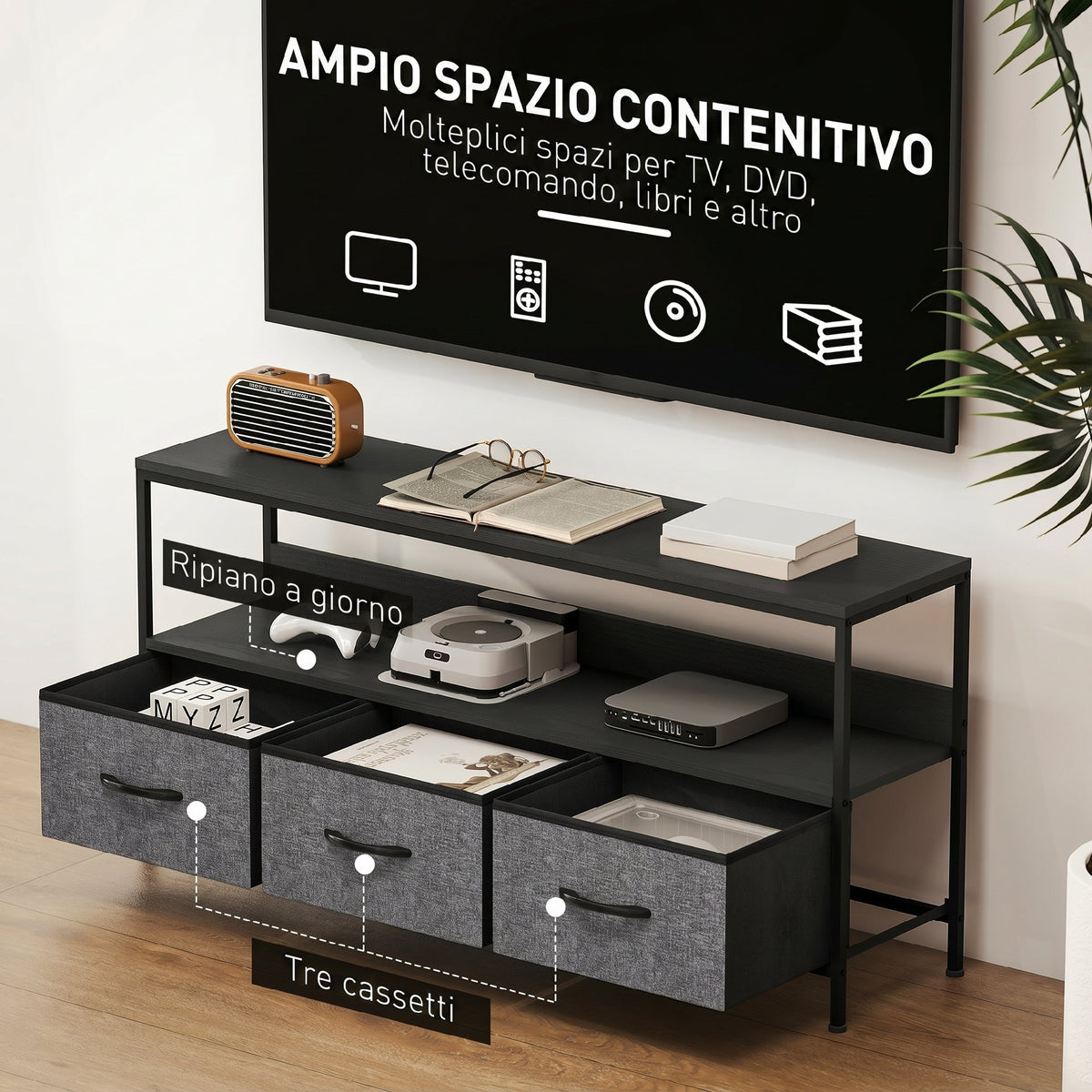 HOMCOM 55" TV Stand with Folding Fabric Drawers and Metal and MDF Shelf, 120x29x56cm, Black