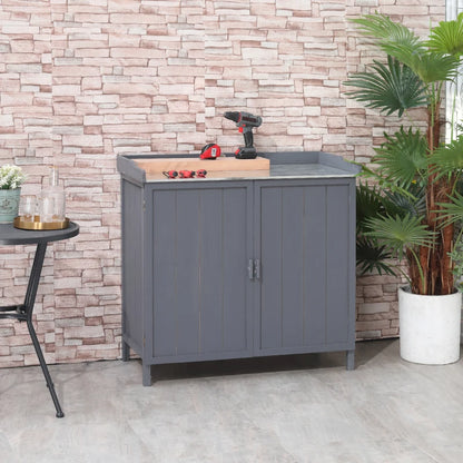 Grey Outdoor Wooden Cabinet Storage with Metal Top and 2 Tool Holders tools | 98x48x95.5 cm - Borgè