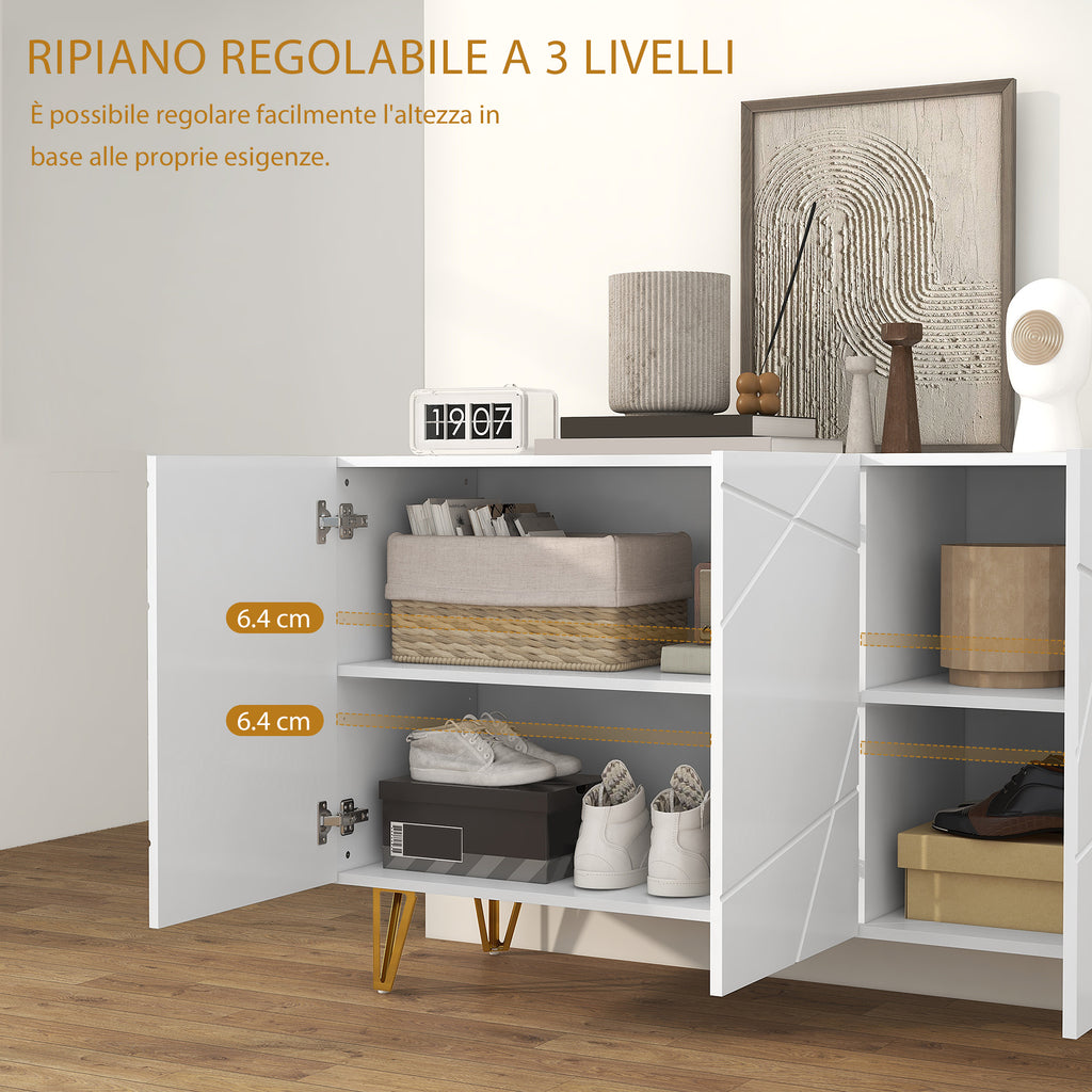 Storage Unit with 2 Cabinets and Adjustable Shelf, in Chipboard and Metal, 120x40x75 cm, White and Gold