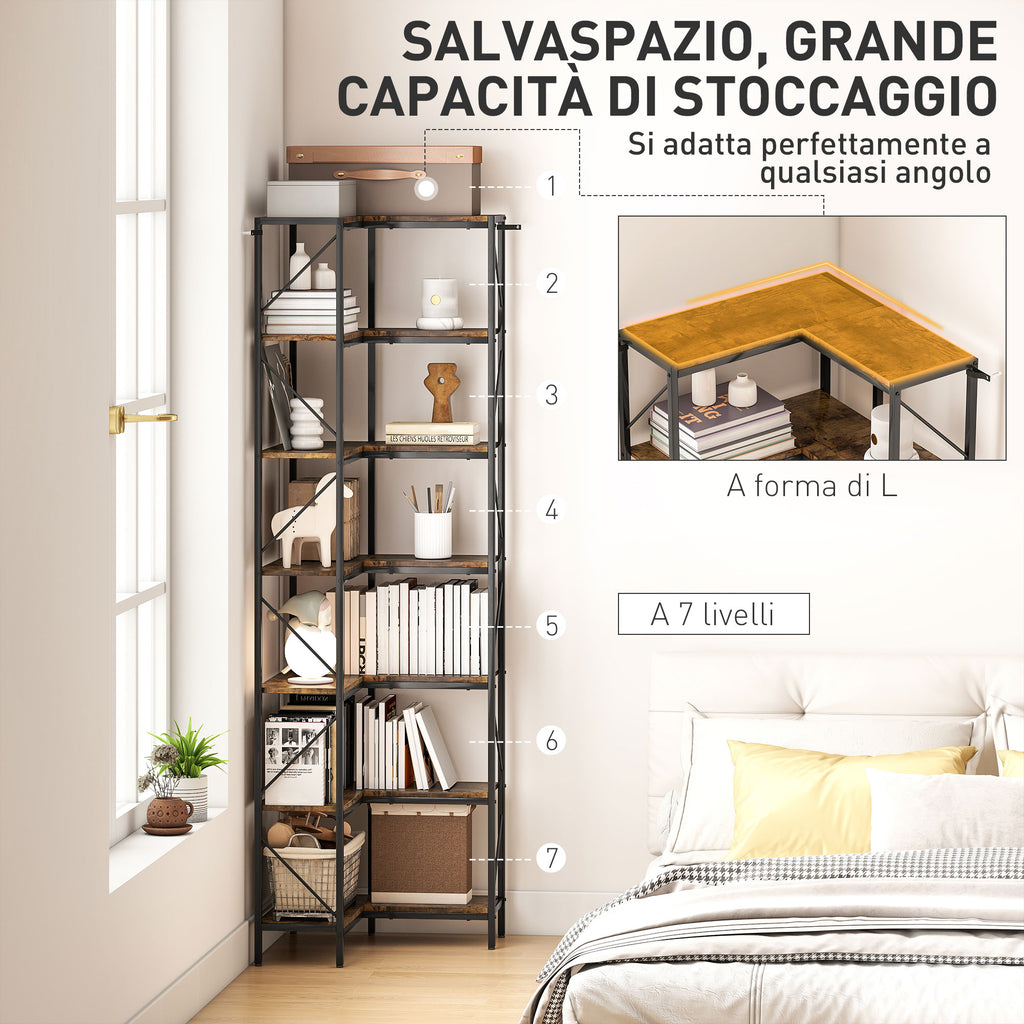 7-Tier Industrial Corner Bookcase, Wood and Steel, 60x60x198 cm, Rustic Brown