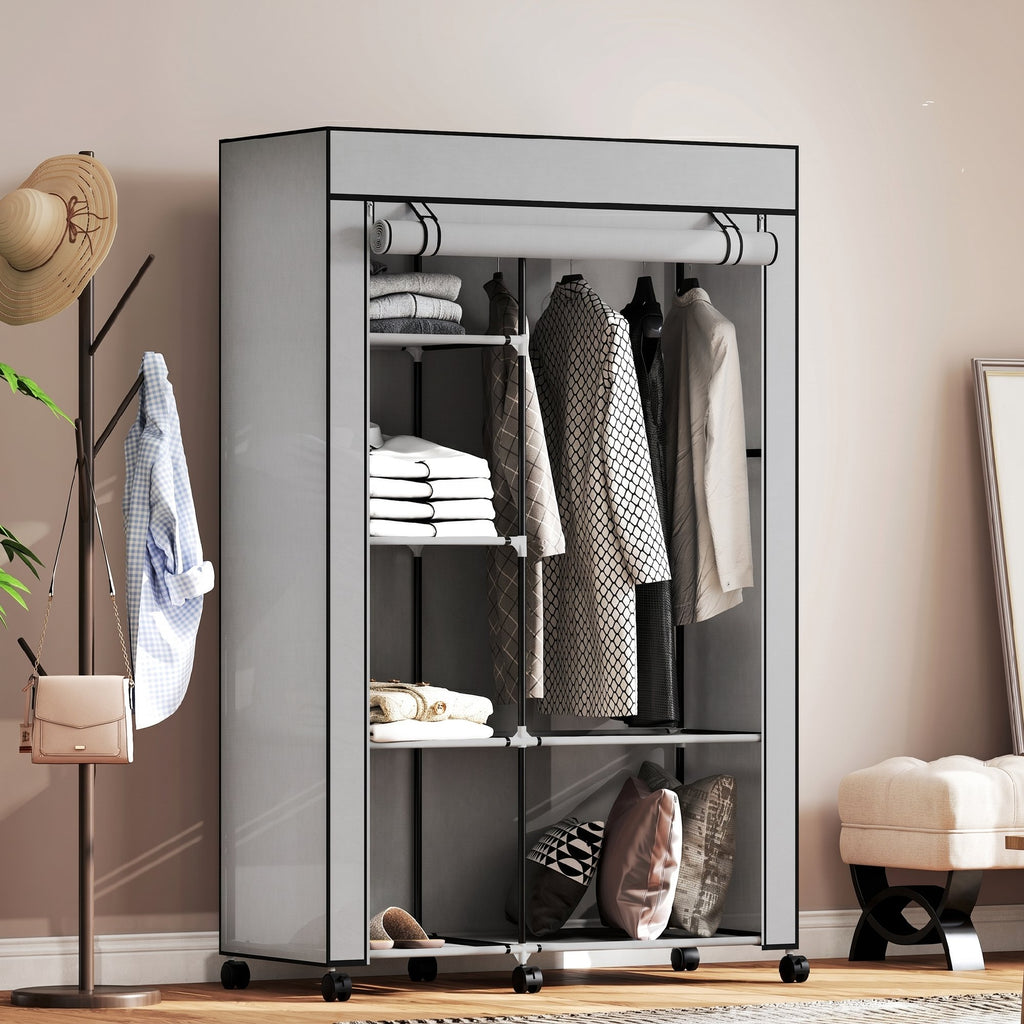 HOMCOM Portable Non-Woven Fabric and Steel Wardrobe with Wheels, 6 Open Shelves, Clothes Hanger, Light Grey