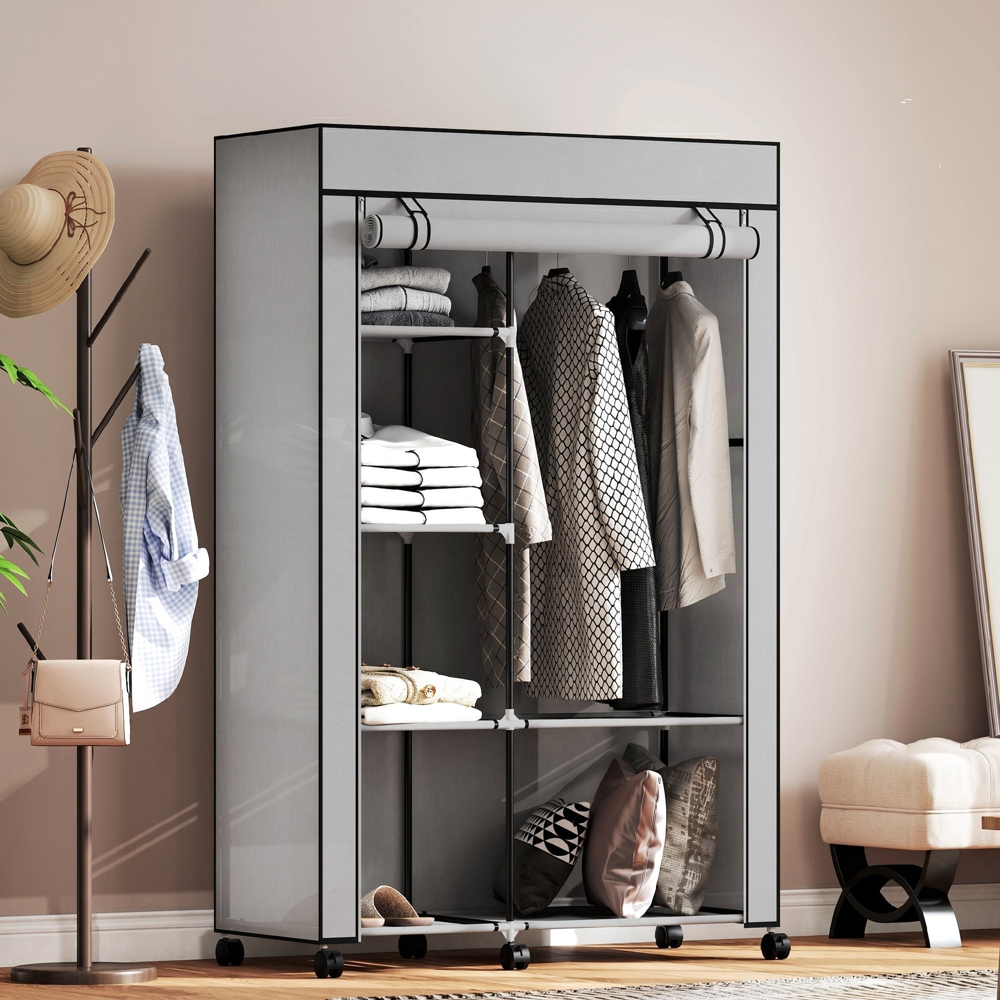 HOMCOM Portable Non-Woven Fabric and Steel Wardrobe with Wheels, 6 Open Shelves, Clothes Hanger, Light Grey