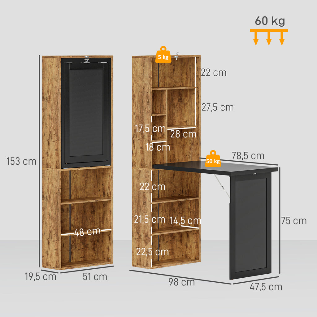 HOMCOM Modern Folding Desk with Bookshelf and Blackboard, Wood and Metal, 98x51x153 cm, Rustic Brown