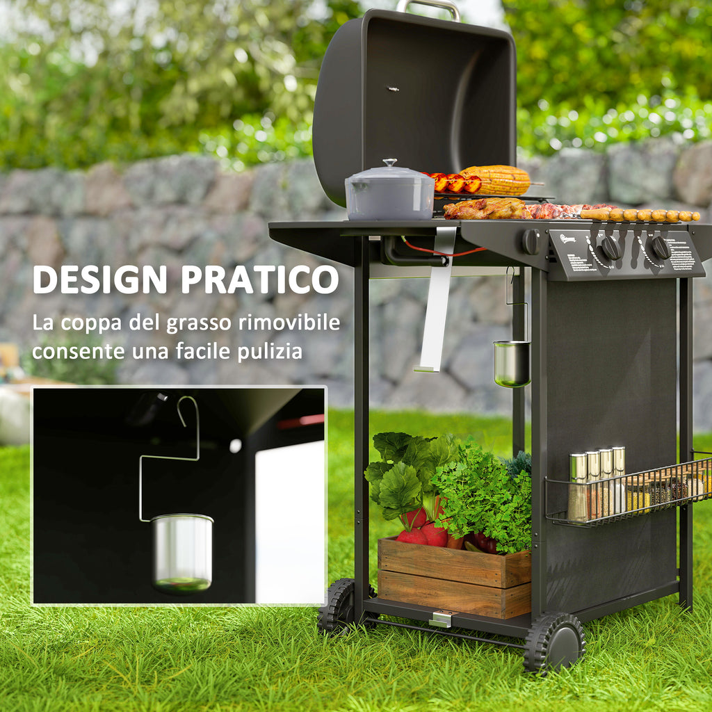 Gas Barbecue with 3 Independent Burners and Lid with Thermometer, 108x54x97 cm, Black