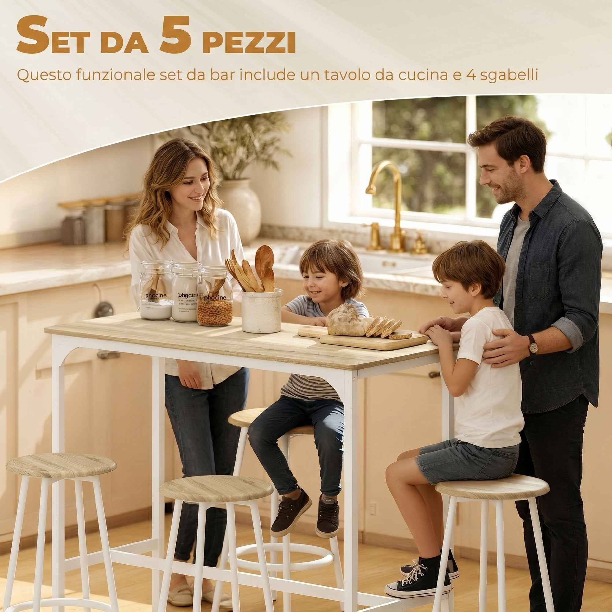 HOMCOM 5-Piece Dining Set with 110x50x89.5cm Bar Counter and Ø30x60.5cm Stools in Wood and Metal, Wood Color