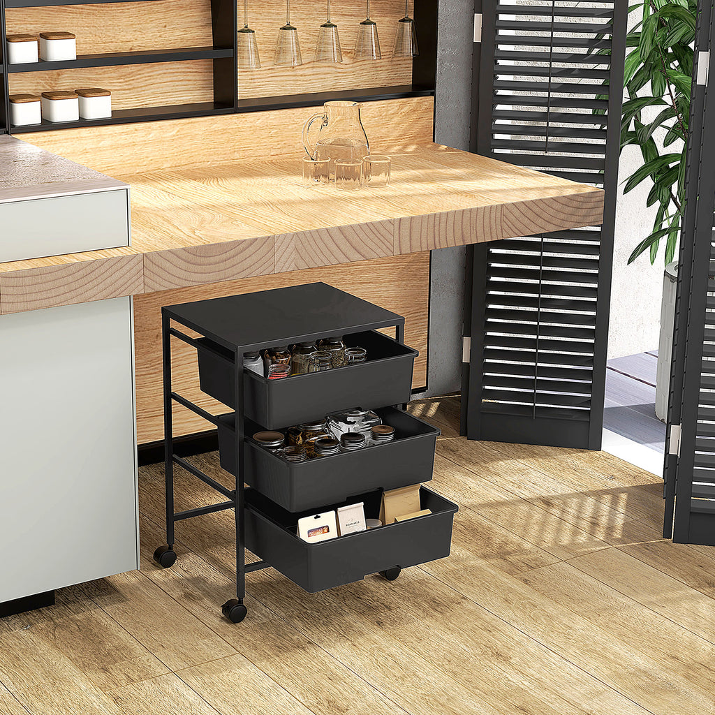 HOMCOM Multipurpose Trolley with 3 Removable Baskets and Wheels for Kitchen and Office in Steel and PP, Black