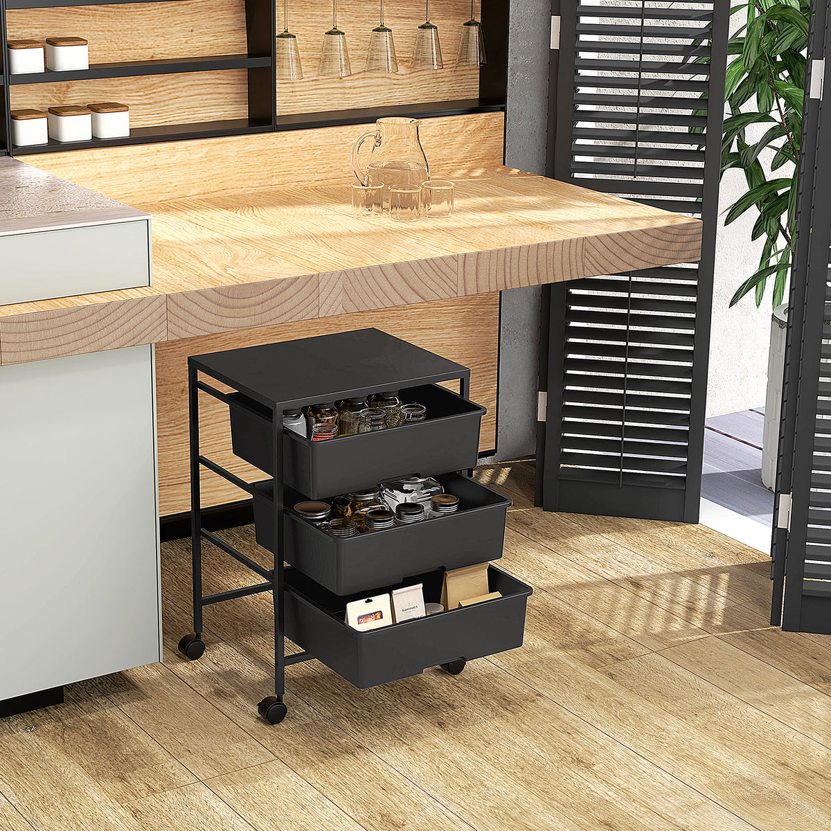 HOMCOM Multipurpose Trolley with 3 Removable Baskets and Wheels for Kitchen and Office in Steel and PP, Black