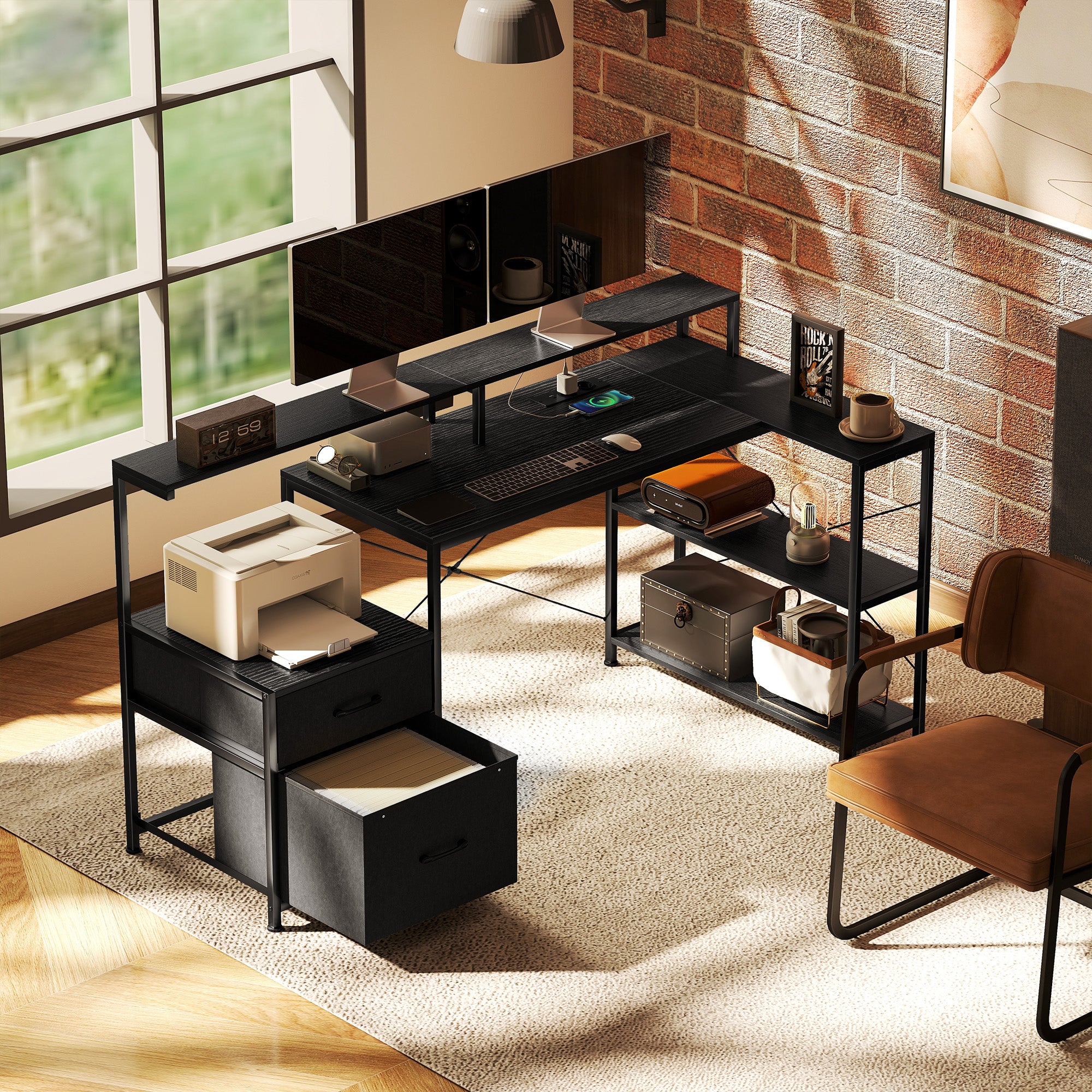 Gaming Desk with Storage Space and 2 Monitor Stands, Wood and Steel, 165x80x91.5 cm, Black