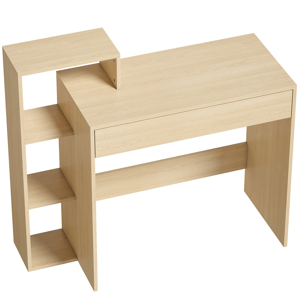 HOMCOM Modern PC Desk with 3 Open Shelves and Drawer, Wooden, Wood Color, 100x40x90 cm