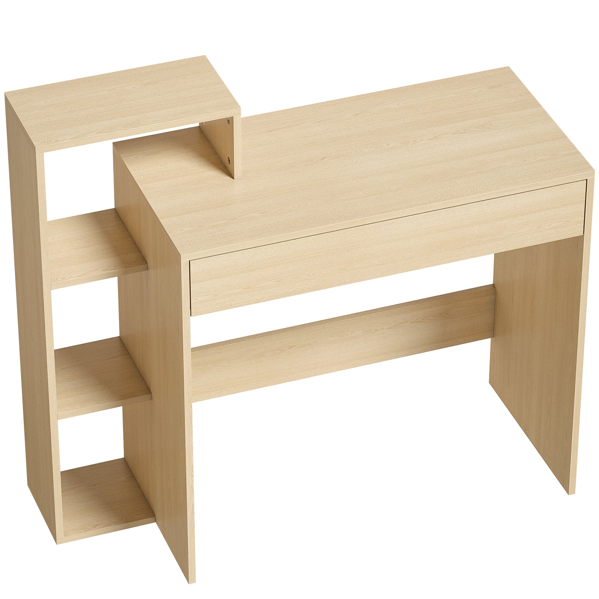 HOMCOM Modern PC Desk with 3 Open Shelves and Drawer, Wooden, Wood Color, 100x40x90 cm