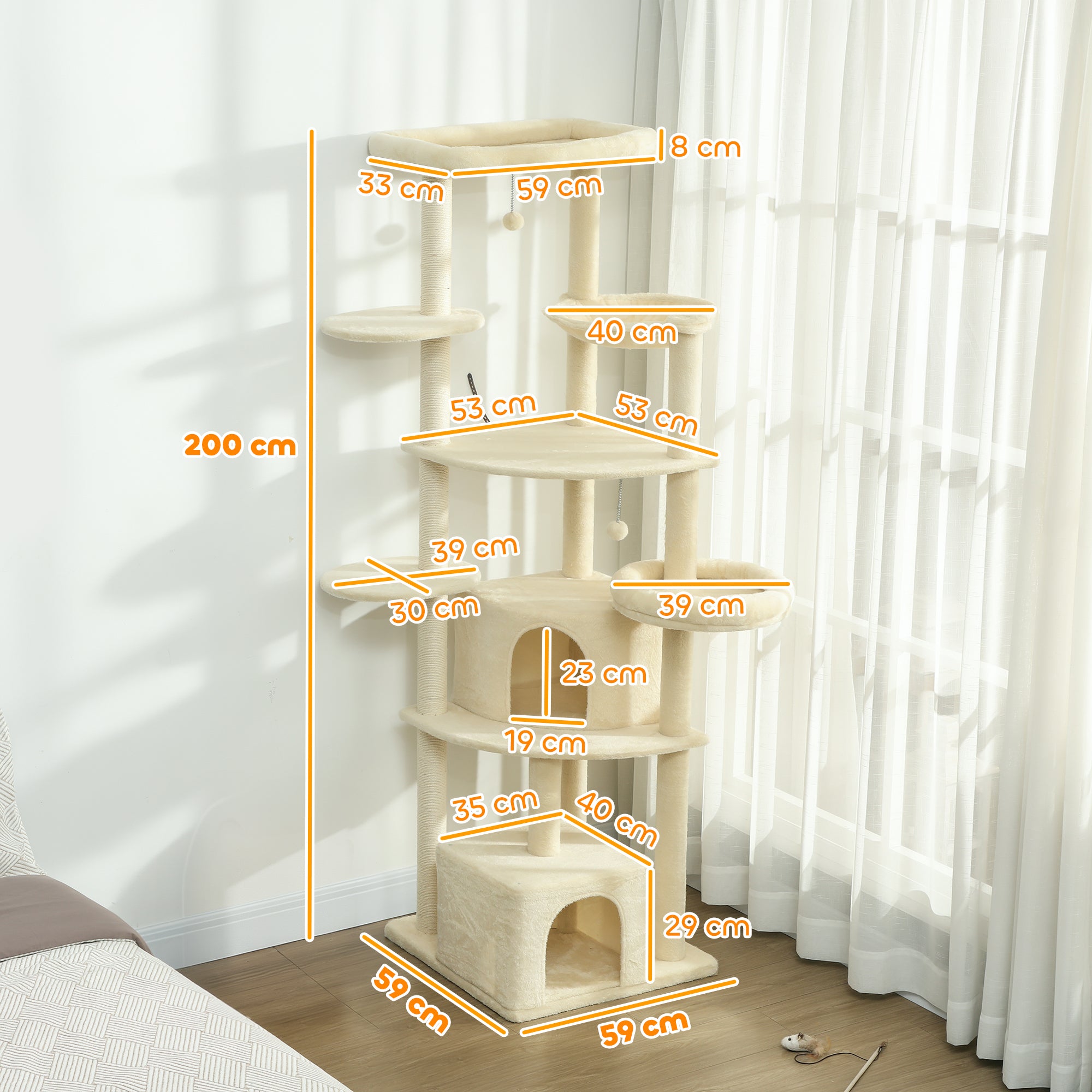 200cm High Multi-Level Cat Tree with 2 Houses, 2 Beds and Hammock, Structure for 2-3 Cats, Beige